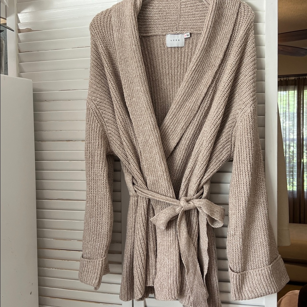Lush Taupe Open-Front Ribbed Cardigan with tied waist and cuff sleeve Small